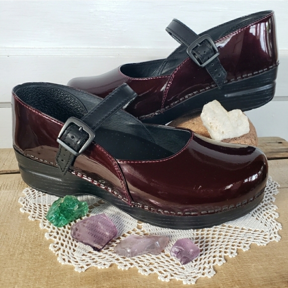 Dansko Shoes - Plum Patent Dansko Pro Mary Jane Marcelle Clog Leather Strappy Buckle Boho 6.5-7